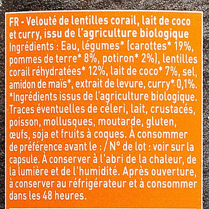 Le  Velouté de lentille curry coco BIO