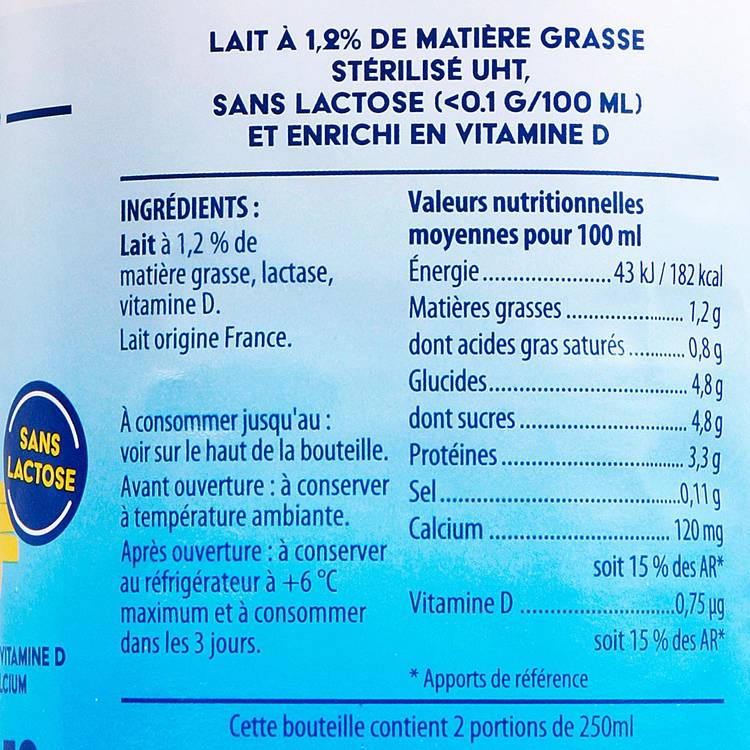 Le Lait délactosé UHT "Tendre Pré"